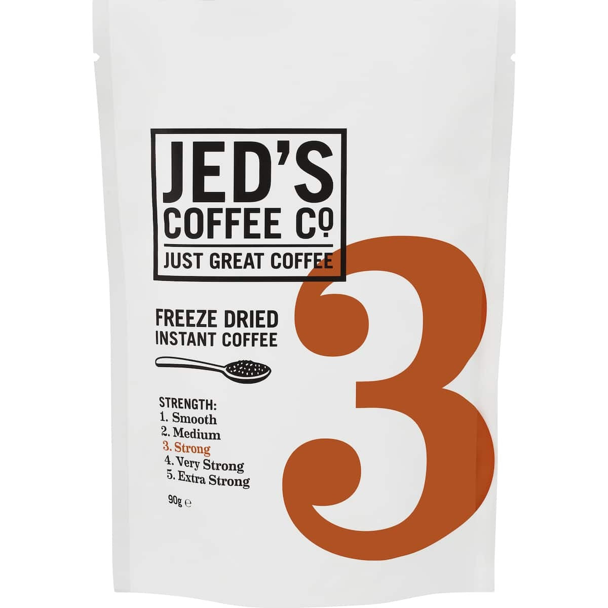 Jeds Instant Coffee No 3 Strong 90g refill pouch showing freeze dried coffee granules from New Zealand.