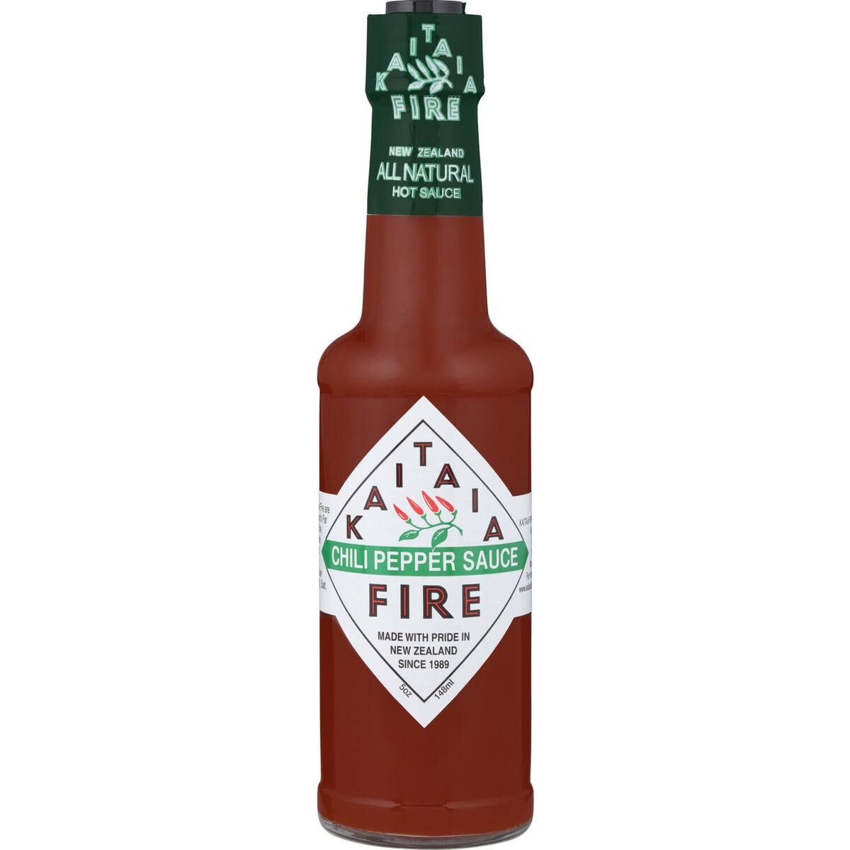 A bottle of Kaitai Fire Chili Pepper Sauce on a plain white background. The bottle is filled with a dark red sauce, featuring the signature white diamond label with green and red text, and a dark green neck label.