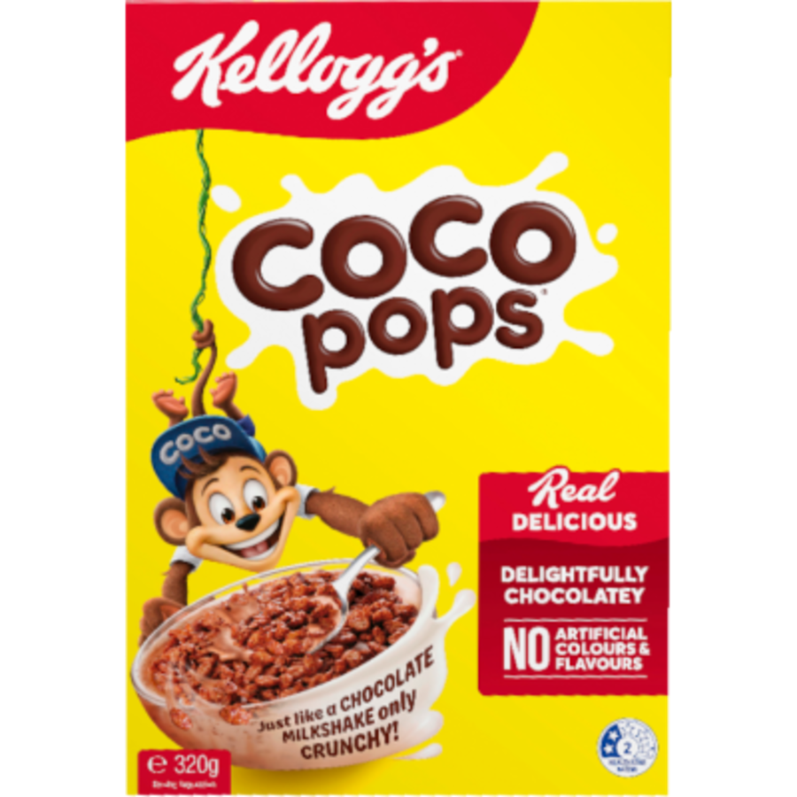 A 320g box of Kellogg's Coco Pops chocolate toasted rice cereal from New Zealand