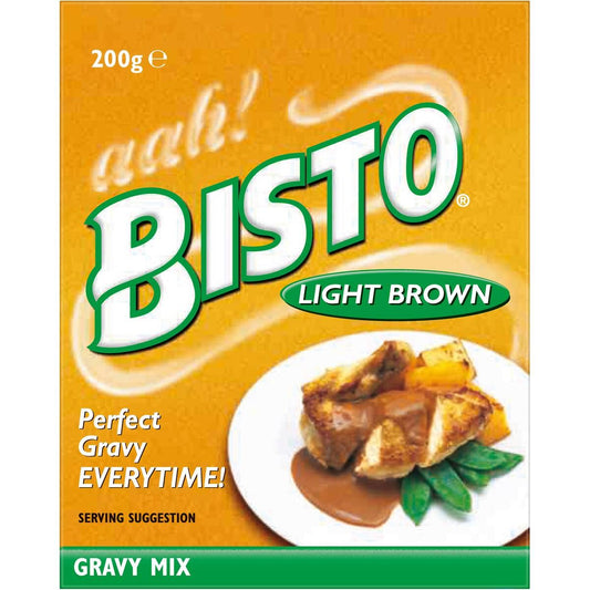 Bisto Light Brown Gravy Mix packaging mild savoury instant gravy powder for roasts and family meals available in the USA and worldwide