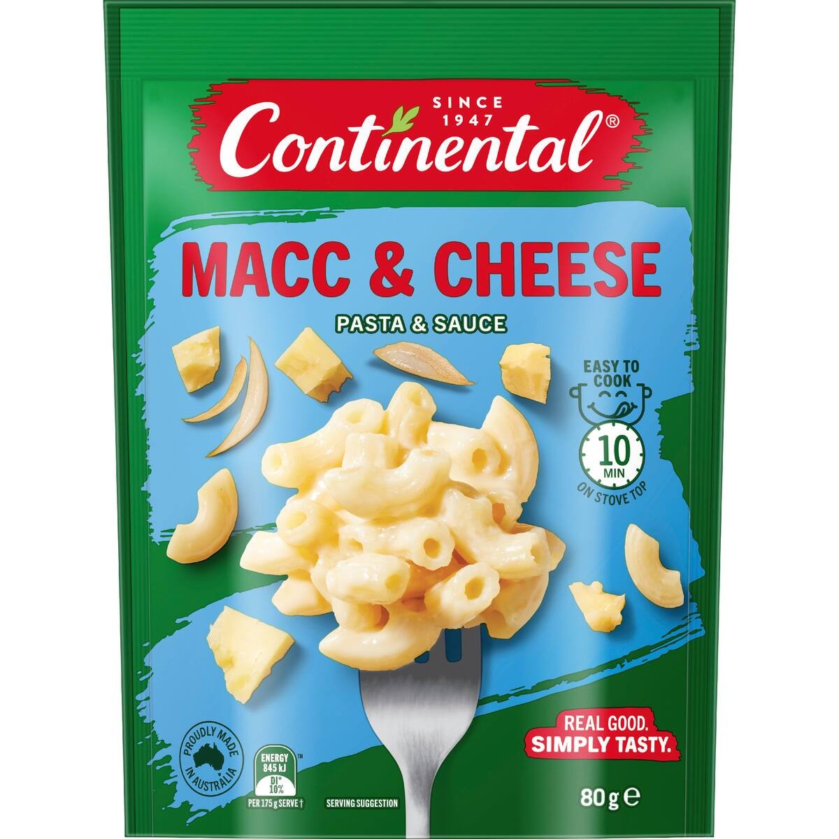 Packaging of Continental Mac & Cheese with pasta and cheese illustration on a green background