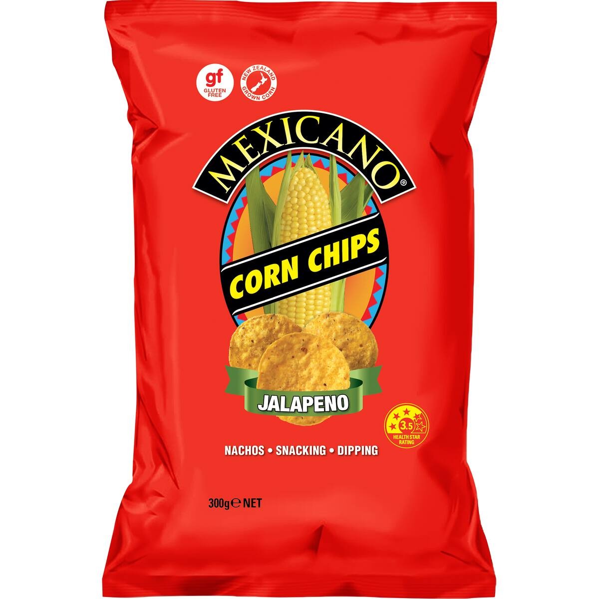A 300g bag of Mexicano Corn Chips Jalapeño Nachos, Snacking, and Dipping chips, featuring a bright red packaging design with a central graphic of an ear of corn, chips, and flavor labels.