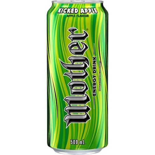 A 500ml can of Mother Energy Drink Kicked Apple featuring vibrant green graphics.