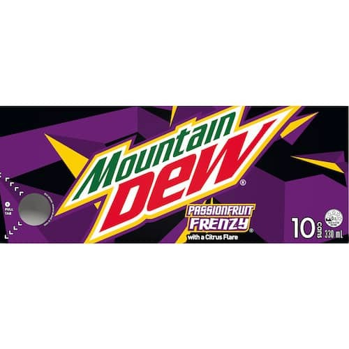 Ten pack of Mountain Dew Passionfruit Frenzy 330ml cans featuring the vibrant purple New Zealand exclusive design.