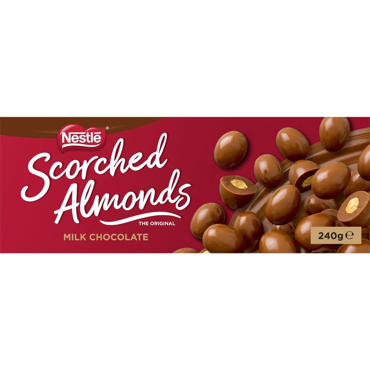 Nestle Scorched Almonds 240g box featuring whole roasted almonds coated in smooth milk chocolate.