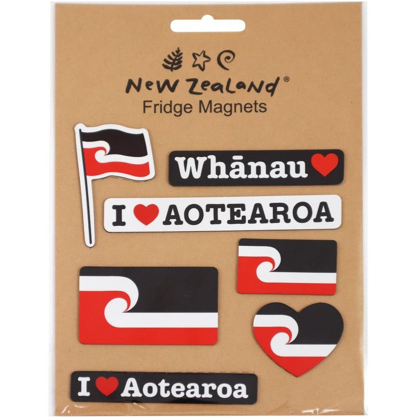 Set of 7 New Zealand fridge magnets featuring I Love Aotearoa text and iconic Kiwi motifs.