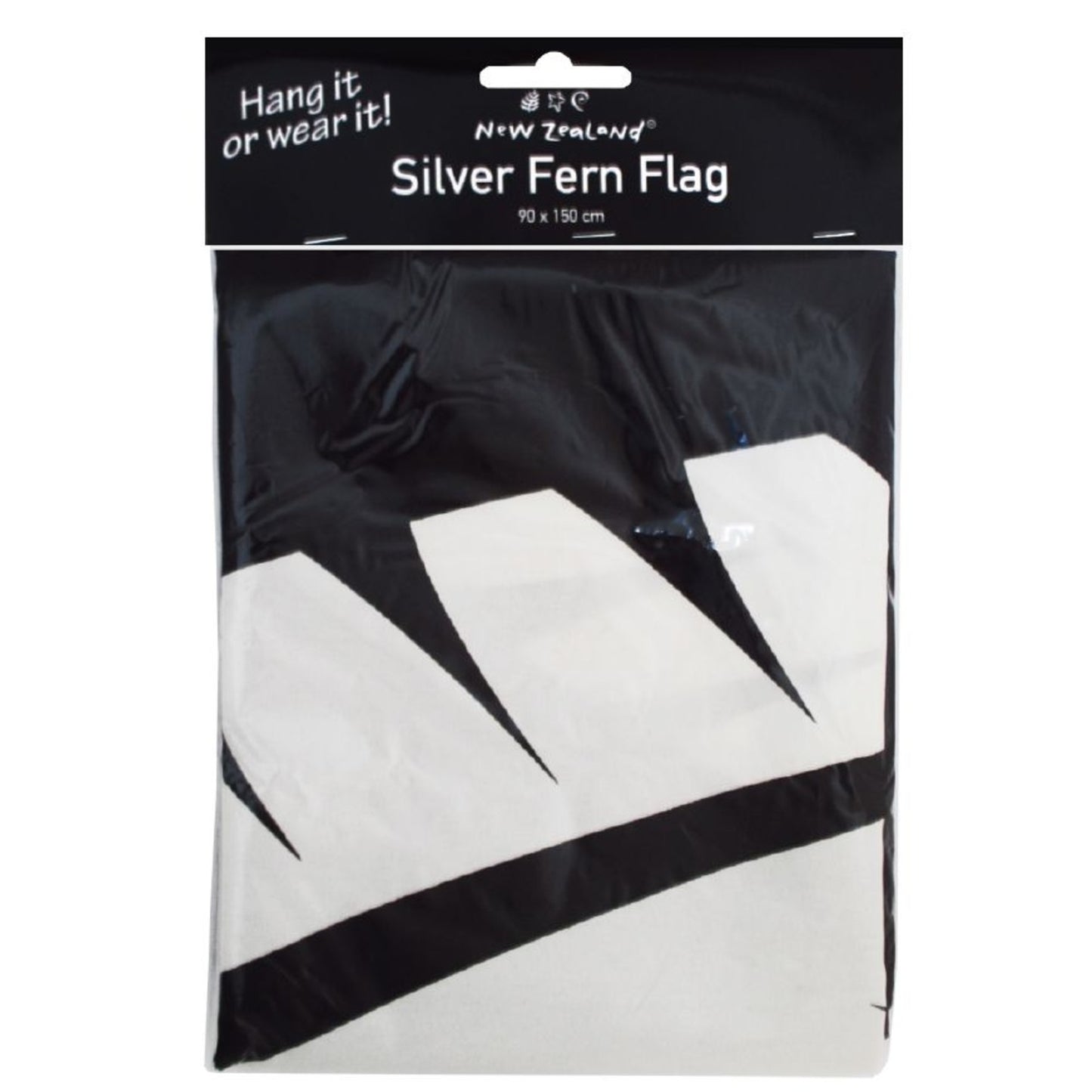 New Zealand Silver Fern Flag party decoration in its original packaging, featuring a black and white fern leaf design.
