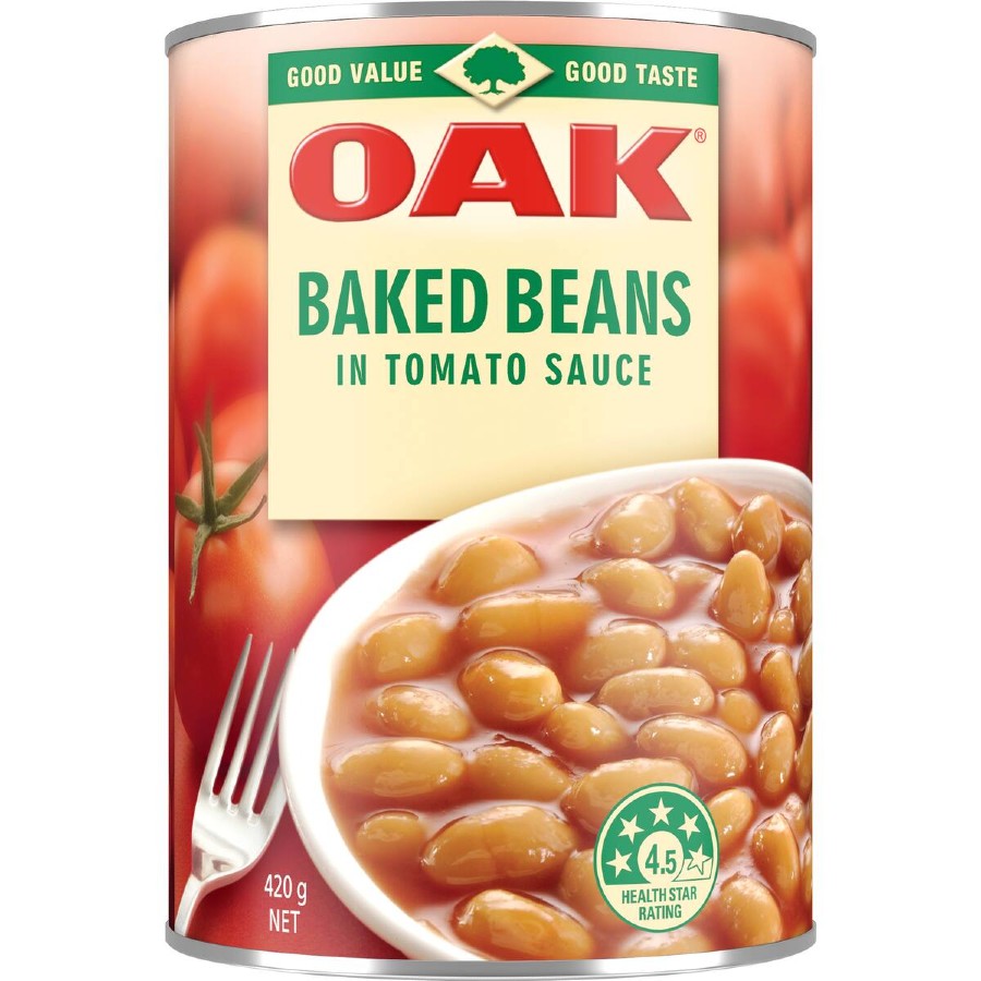 Oak Baked Beans In Tomato Sauce 420g can from New Zealand shown against a white background