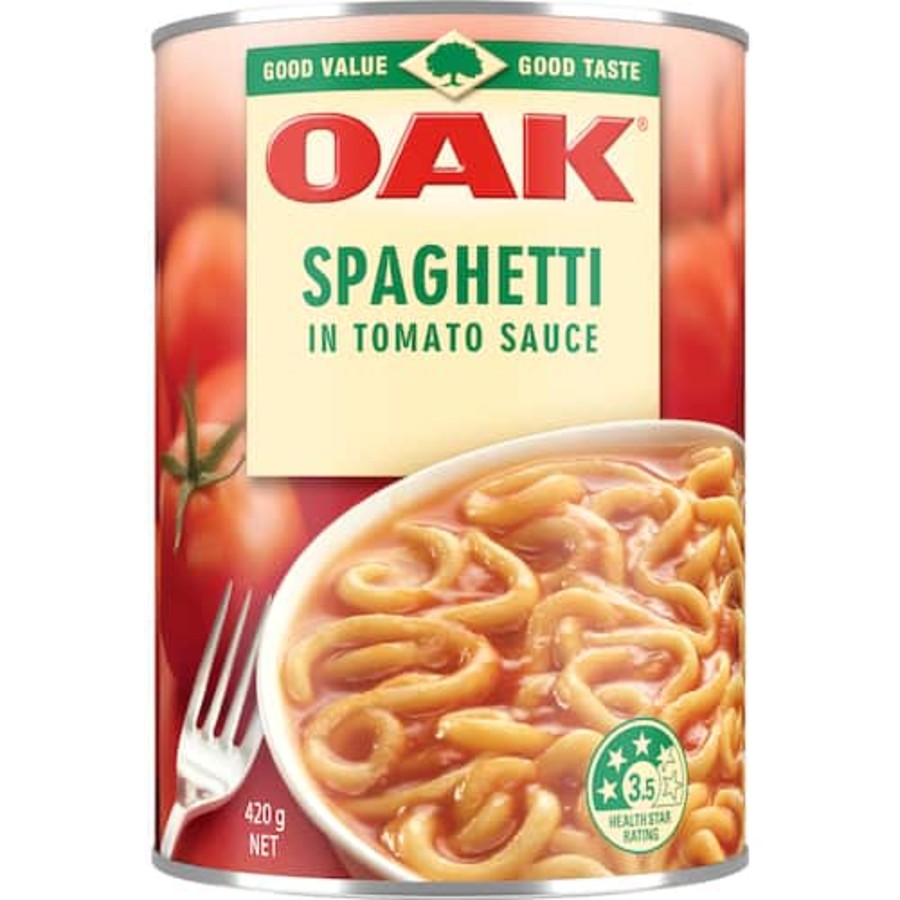 Oak Spaghetti In Tomato Sauce 420g can from New Zealand shown against a white background