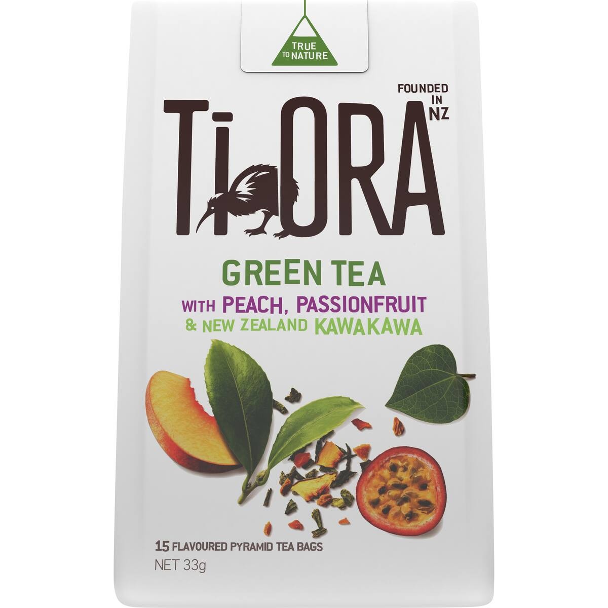Ti Ora Green Tea Peach and Passionfruit with Kawakawa 15 pack of pyramid tea bags.