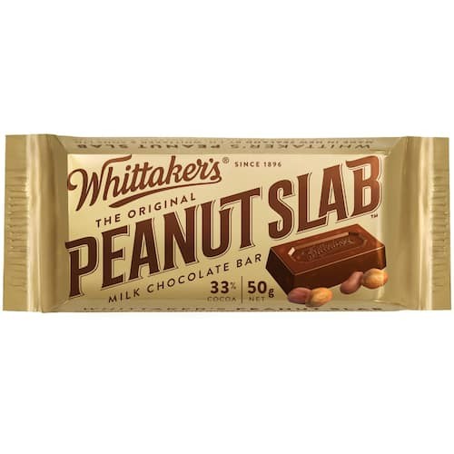 Whittaker’s Peanut Chocolate Slab 50g creamy New Zealand milk chocolate with roasted peanuts snack size bar available in the USA and worldwide