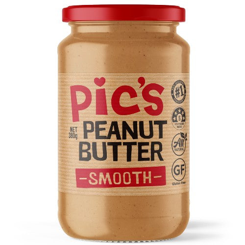 A 380g jar of Pic's Smooth Peanut Butter featuring freshly roasted Australian Kingaroy peanuts made in Nelson, New Zealand.