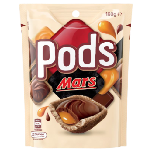 Pods Mars Chocolate Bag 160g crispy wafer shells filled with Mars caramel cream and milk chocolate