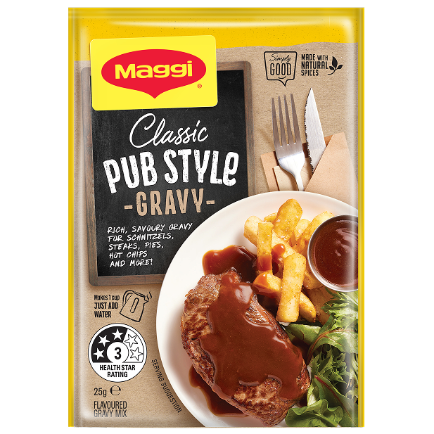 Maggi Classic Pub Style Gravy packet with a plate of food on a yellow background