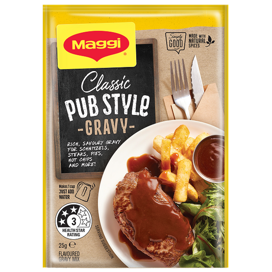 Maggi Classic Pub Style Gravy packet with a plate of food on a yellow background