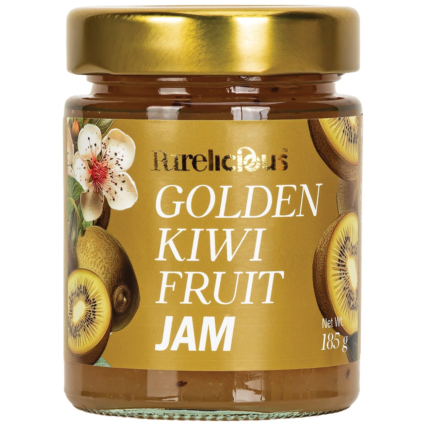 Jar of Purelicious Golden Kiwifruit Jam 185g made in New Zealand.
