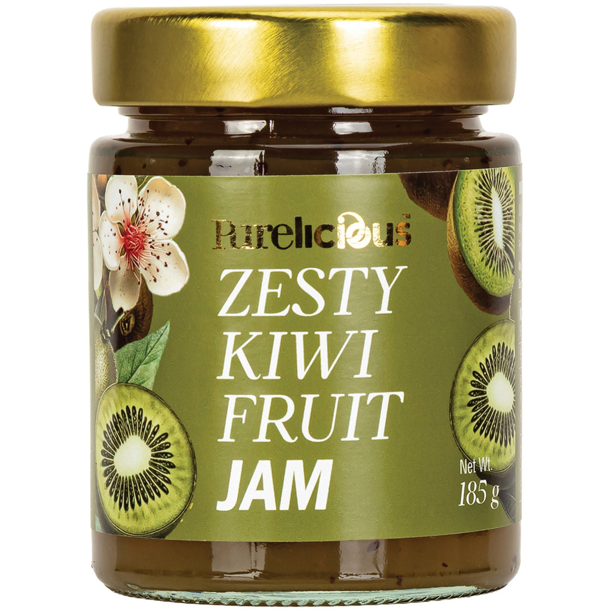 Purelicious Zesty Kiwifruit Jam in a 185g glass jar