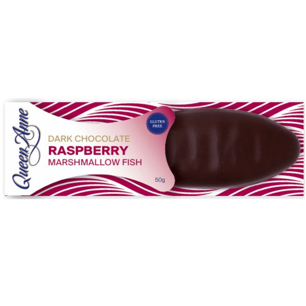 Queen Anne Dark Chocolate Raspberry Marshmallow Fish 50g individually wrapped New Zealand marshmallow fish treat.
