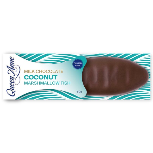 Queen Anne Milk Chocolate Coconut Marshmallow Fish 50g individually wrapped New Zealand marshmallow fish treat.