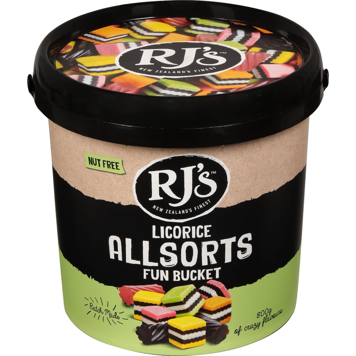 RJs Licorice Allsorts Fun Bucket 800g tub filled with iconic colourful New Zealand licorice lollies