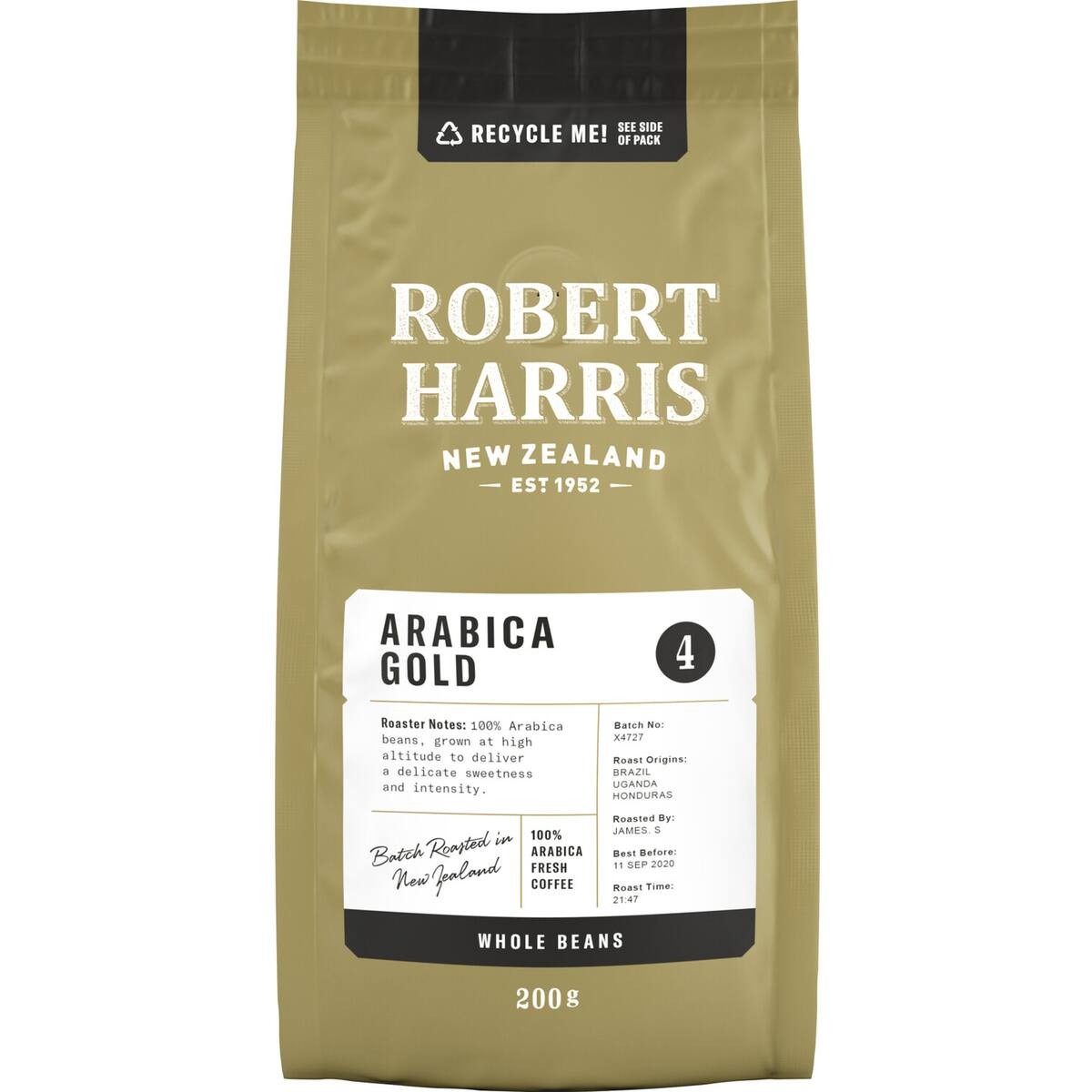 A 200g bag of Robert Harris Arabica Gold whole coffee beans featuring a medium roast blend of 100 percent Arabica beans.
