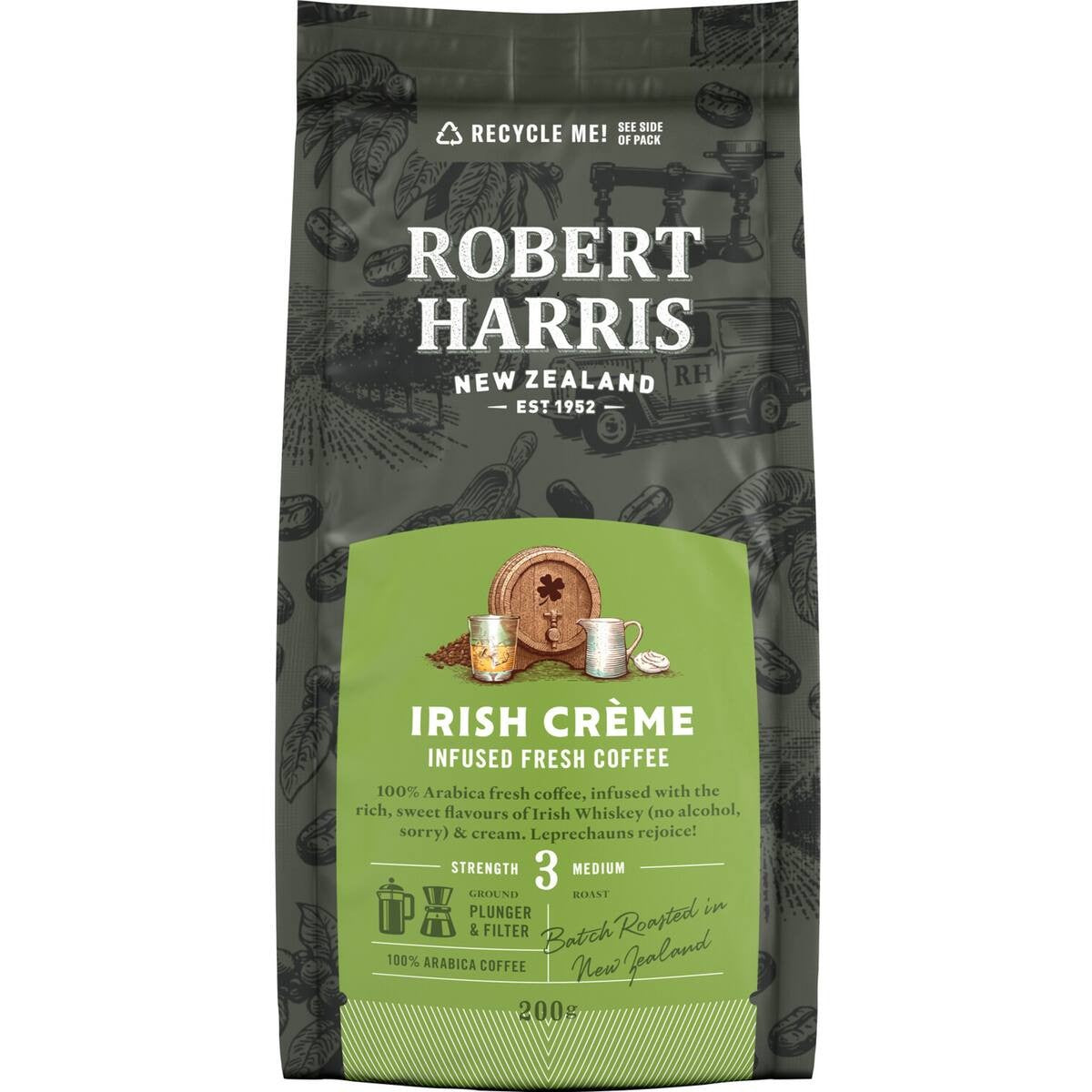 Robert Harris Irish Cream infused plunger and filter grind coffee in a 200g bag made with 100% Arabica beans.
