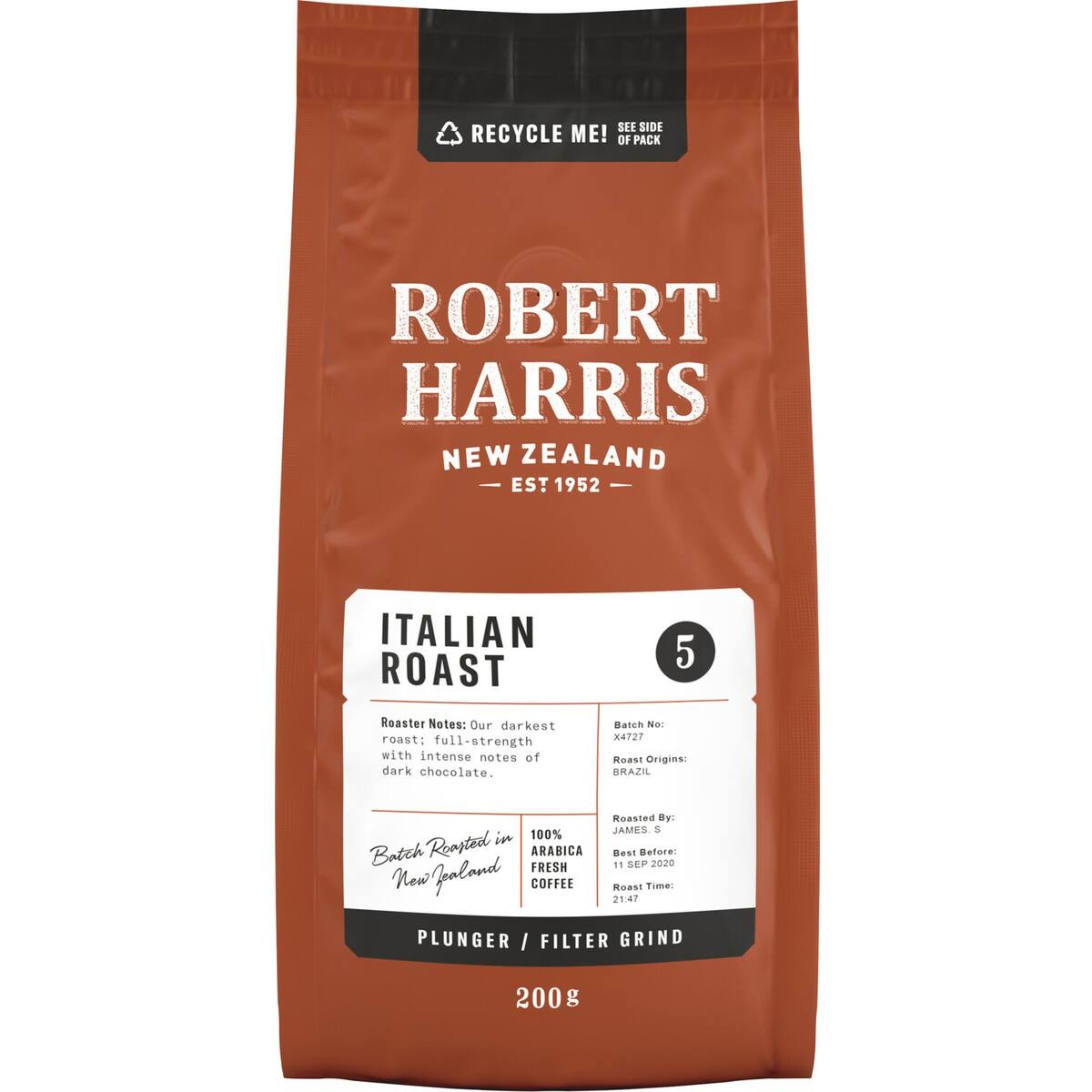 Robert Harris Italian Roast ground coffee in a 200g bag for plunger and filter brewing featuring a dark roast profile.