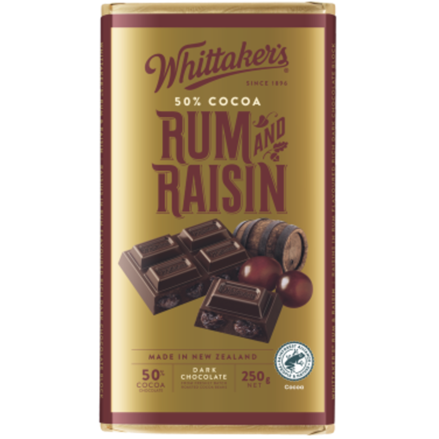 Whittaker's Rum and Raisin chocolate bar packaging on a white background