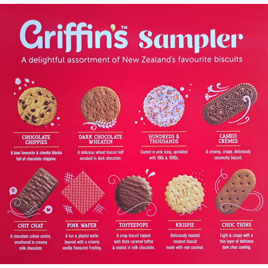 Griffins Sampler Biscuits Assortment box featuring 9 Kiwi biscuit varieties
