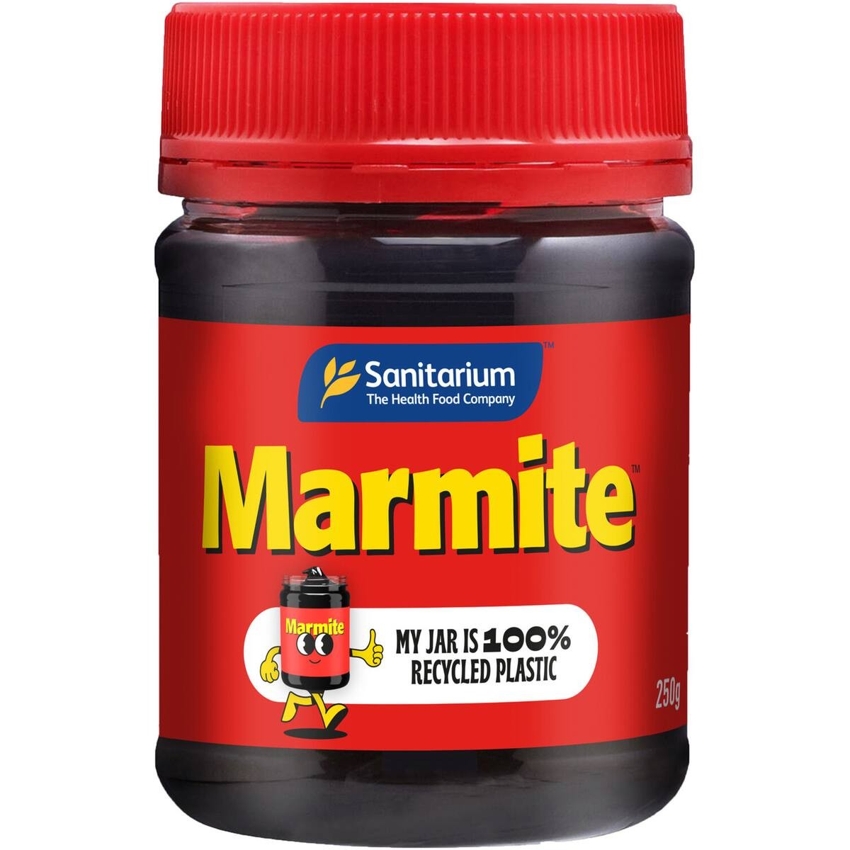 Sanitarium Marmite 250g jar of iconic New Zealand yeast spread with red lid and yellow label.