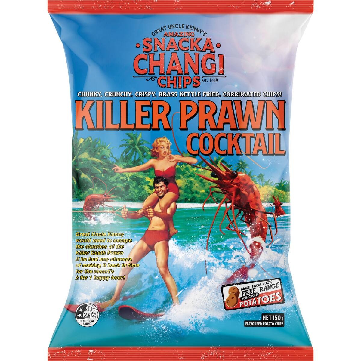 Bag of Snacka Changi Killer Prawn Cocktail potato chips featuring the thick corrugated kettle-fried cut imported from New Zealand