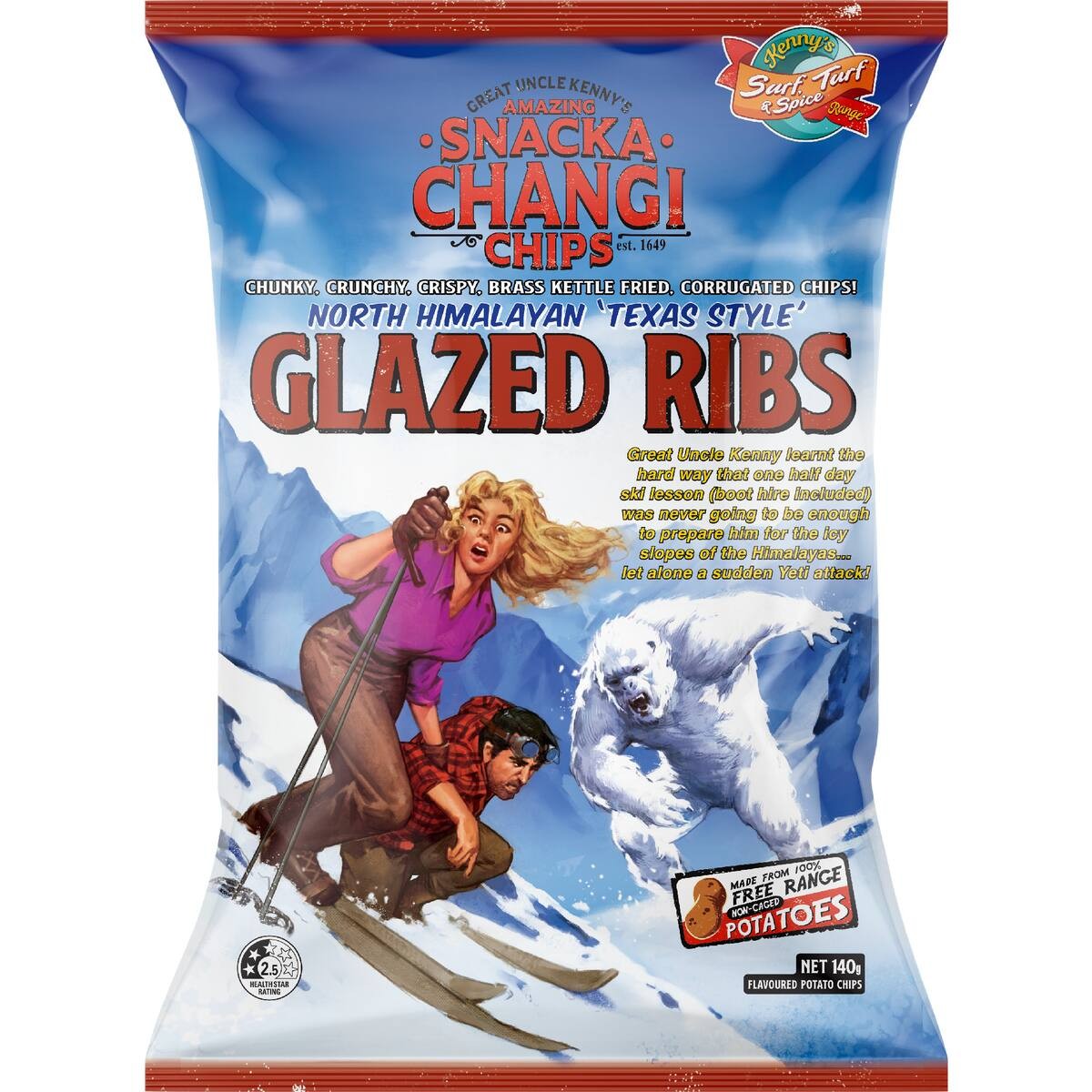 Bag of Snacka Changi Smoky Glazed Ribs potato chips featuring the thick corrugated kettle-fried cut imported from New Zealand