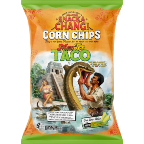 Snacka Changi Mex-Tex Taco Corn Chips 170g bag of thick cut brass kettle fried New Zealand corn chips