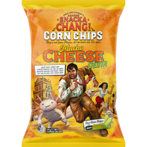 Snacka Changi Mucho Cheese Fiesta Corn Chips 170g bag of thick cut brass kettle fried New Zealand corn chips