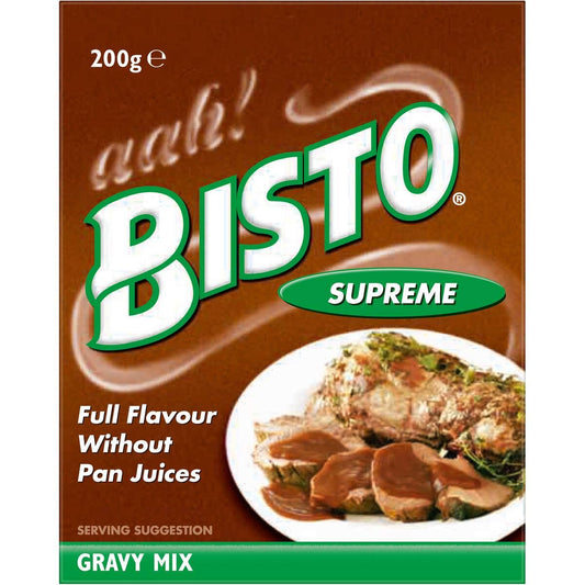 Bisto Supreme Gravy Mix packaging premium instant gravy powder for roasts pies and comfort meals available in the USA and worldwide