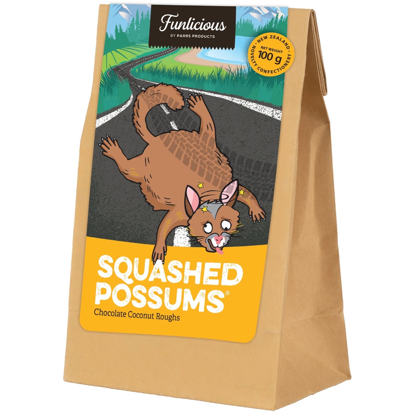 Bag of Sweets Squashed Possums Coconut Roughs 100g novelty chocolate confectionery from New Zealand.