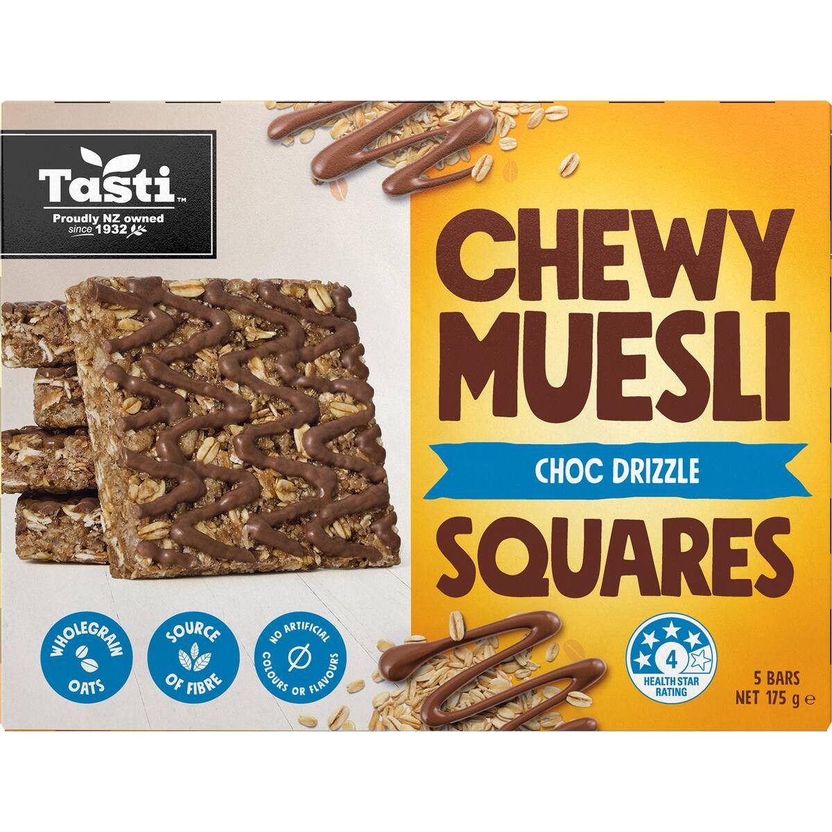 Tasti Chewy Muesli Squares Choc Drizzle 5 pack of nut free school lunchbox friendly oaty snack bars from New Zealand
