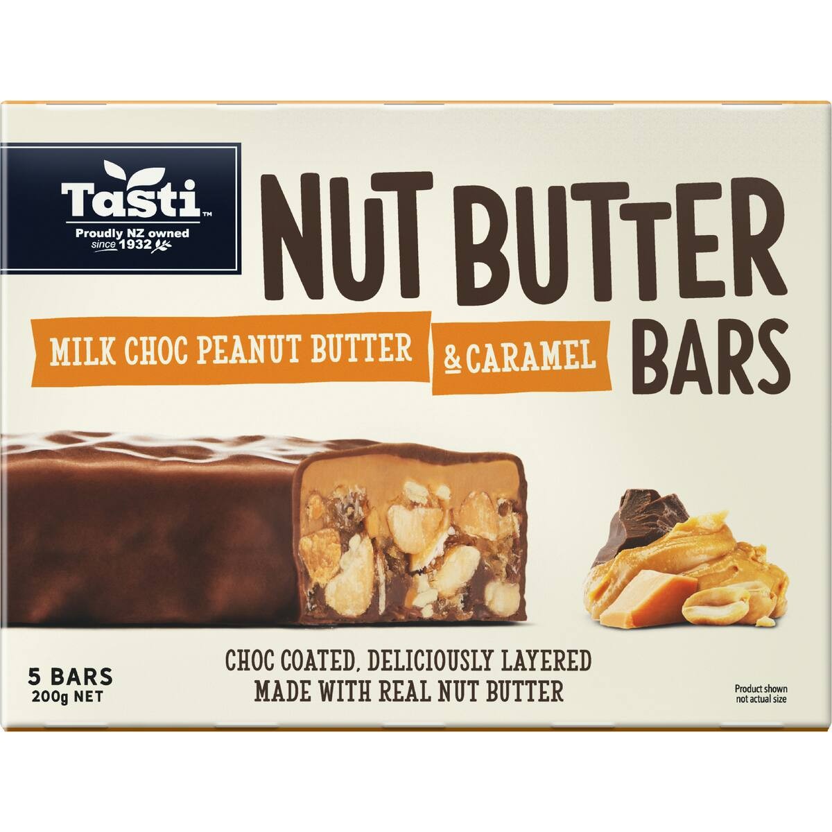 Tasti Choc Nut Butter Bars Peanut Butter and Salted Caramel 5 pack of protein-packed Kiwi snack bars