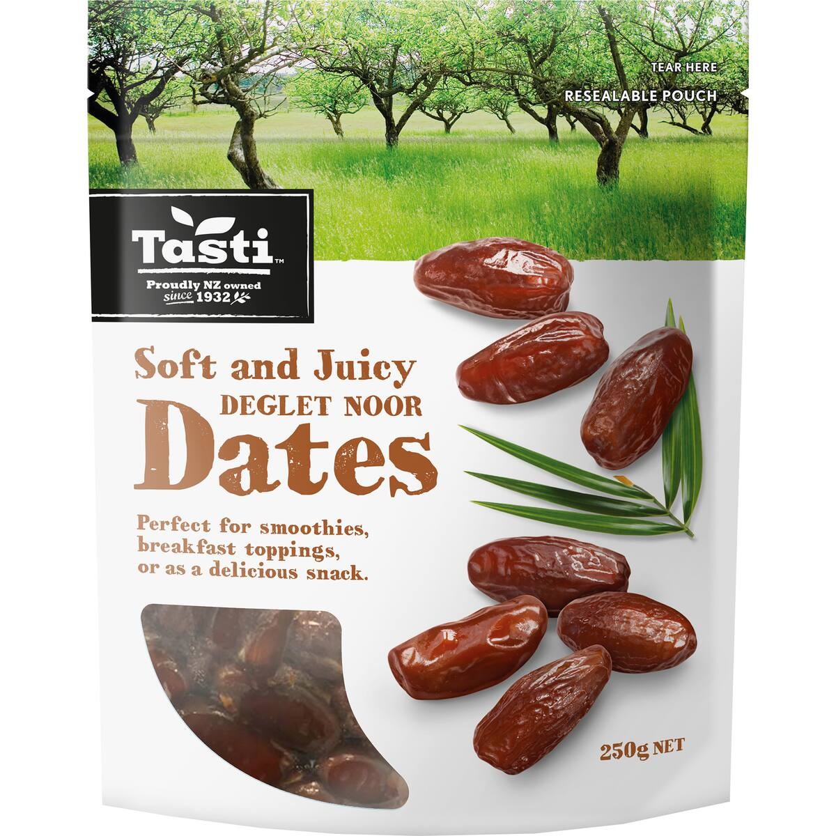 Tasti Soft and Juicy Deglet Noor Dates 250g bag of moist pitted dates from New Zealand
