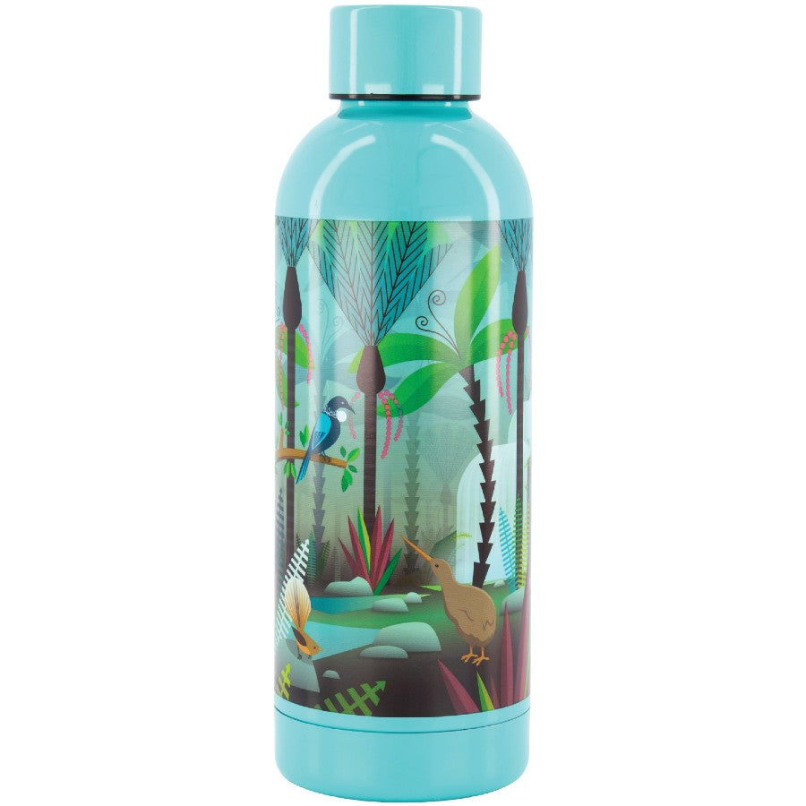 Tropical-themed water bottle with nature design on a white background