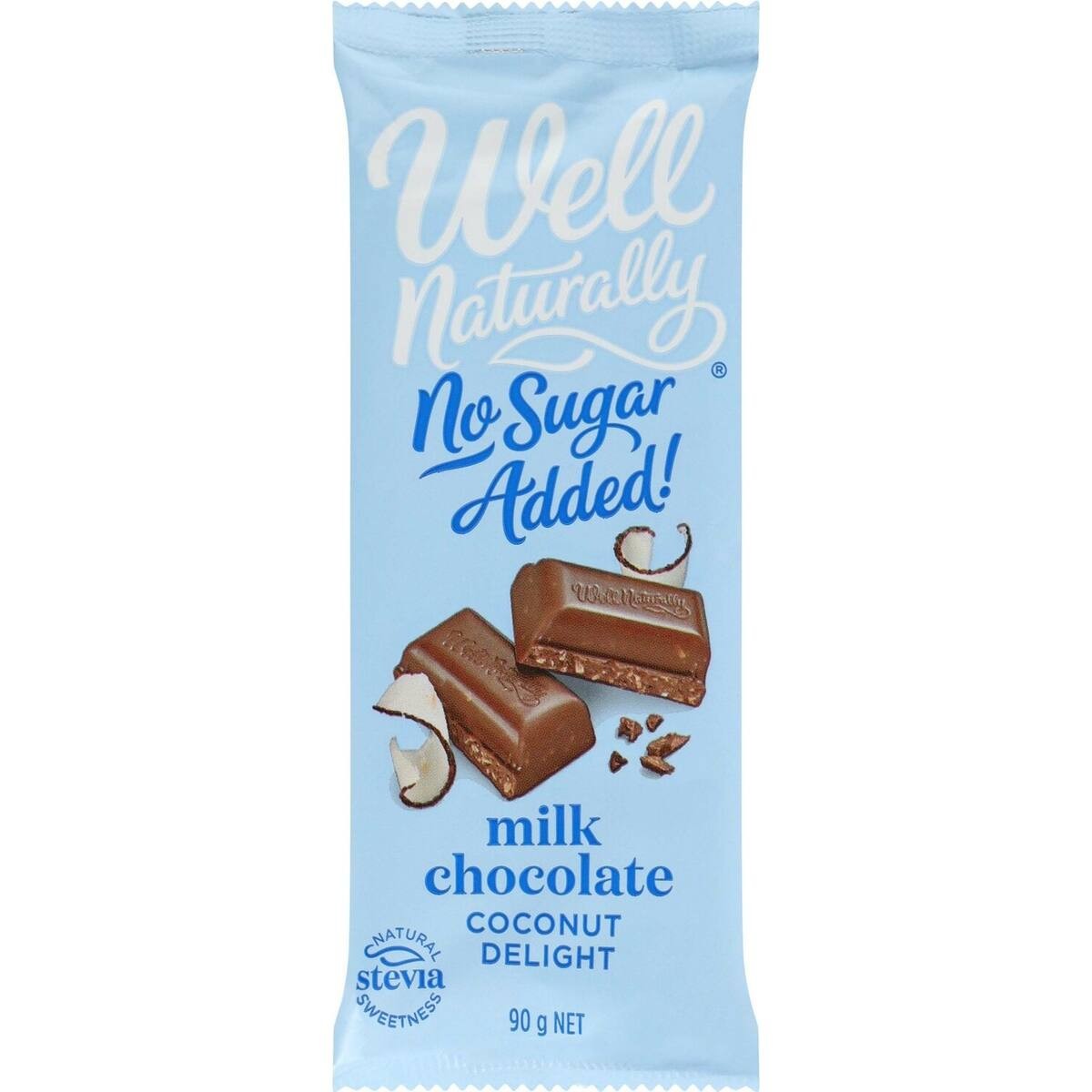 Well Naturally No Sugar Added Coconut Delight milk chocolate bar 90g with toasted coconut flakes.