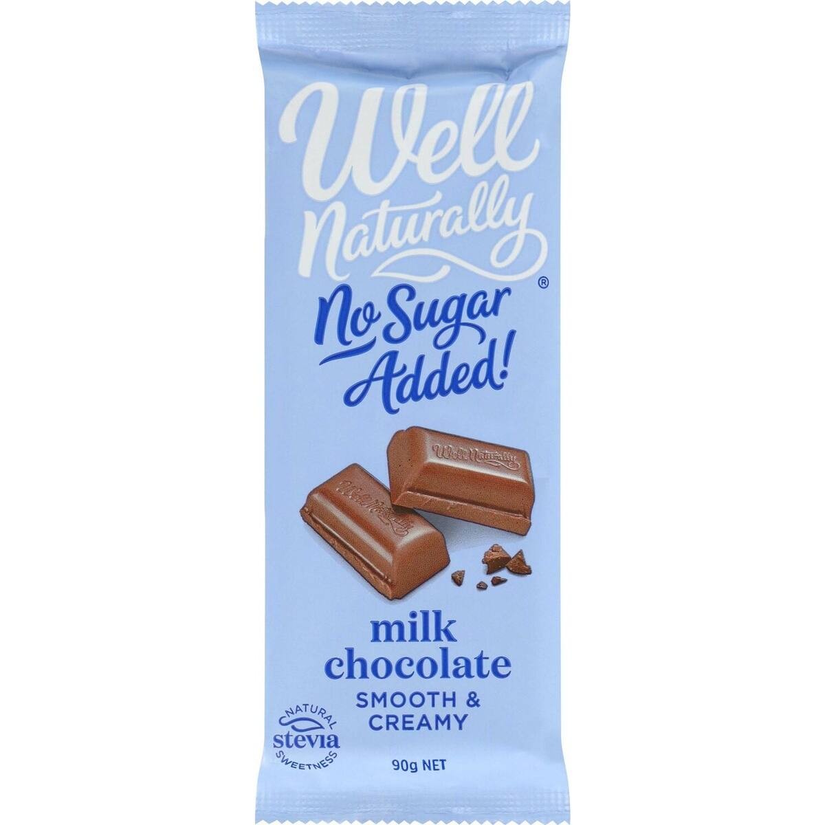 Well Naturally No Sugar Added Creamy Milk Chocolate bar 90g made with premium cocoa and natural stevia sweetener.