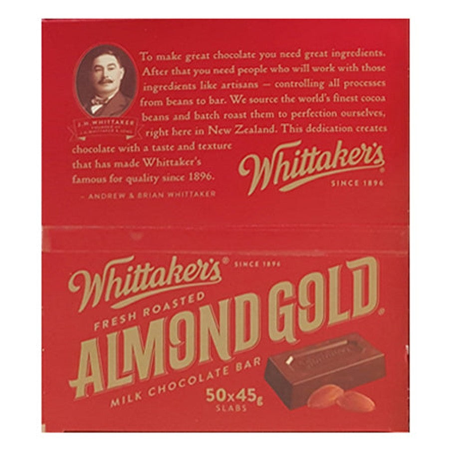 Whittakers Almond Gold Chocolate Slab 45g box containing 50 individually wrapped New Zealand milk chocolate bars with roasted almonds for international delivery