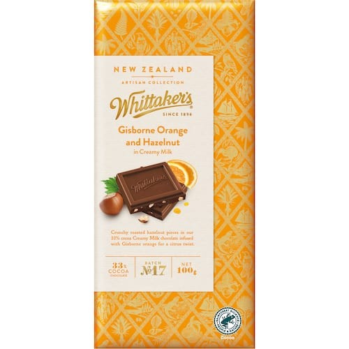Whittakers Artisan Collection Gisborne Orange and Roasted Hazelnut in 62 percent dark chocolate 100g block