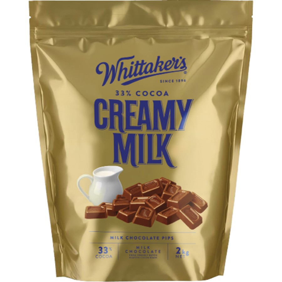 Whittakers Creamy Chocolate Pips 2kg bulk bag containing premium New Zealand milk chocolate baking chips for international delivery