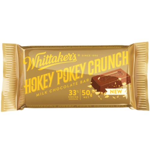 Whittaker's Hokey Pokey Crunch 50g chocolate slab featuring New Zealand milk chocolate with honeycomb toffee pieces.