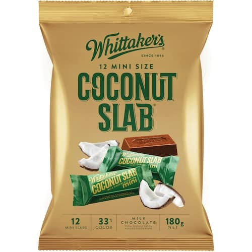 Whittaker's Mini Slab Chocolate Coconut 180g share bag containing 12 individually wrapped New Zealand milk chocolate bars with toasted coconut.