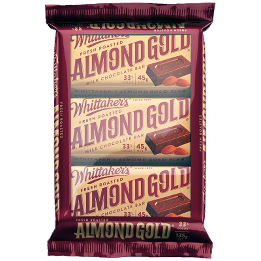 Whittaker’s Almond Gold Slab 3 Pack creamy New Zealand milk chocolate with roasted almonds snack size multipack available in the USA