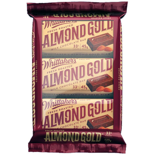 Whittaker’s Almond Gold Slab 3 Pack creamy New Zealand milk chocolate with roasted almonds snack size multipack available in the USA