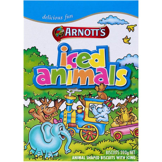 Arnott’s iced animals biscuits pack front view colourful animal shapes